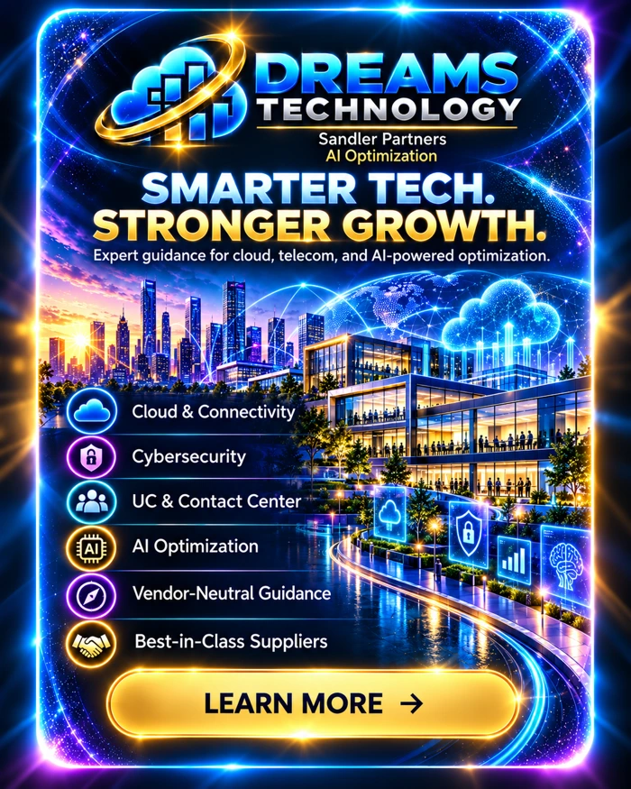 Original Dreams Technology program artwork featuring cloud, cybersecurity, communications and a separate AI optimization pathway.